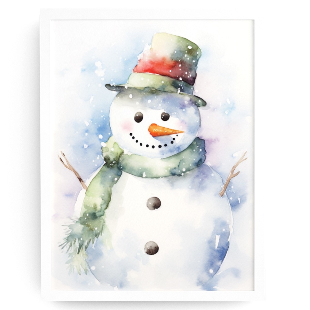 Watercolor Snowman Christmas Theme Wall Art Illustration Print Unframed
